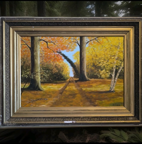P CARO oil on canvas board "Route de Noyon à Bailly" 1981 gilded stuccoed frame
