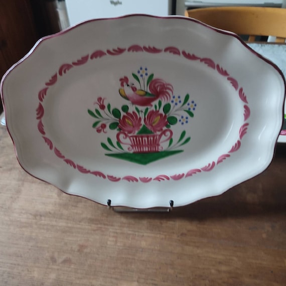 Oval serving dish in earthenware of St Clement model Chanteclerc decoration with rooster flowered basket number 2