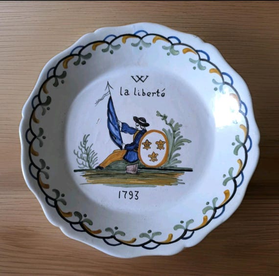 Antique Nevers plate signed with revolutionary theme "Liberty 1793" French earthenware