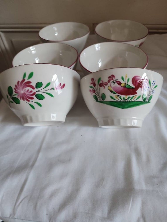 Suite of six bowls in earthenware St Clément model Chanteclerc basket flower rooster