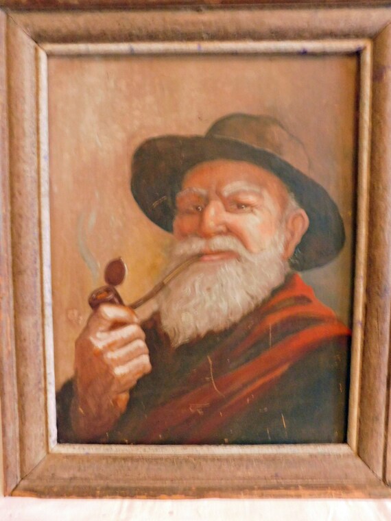 Oil or acrylic marbled on cardboard portrait "Old man with pipe" anonymous