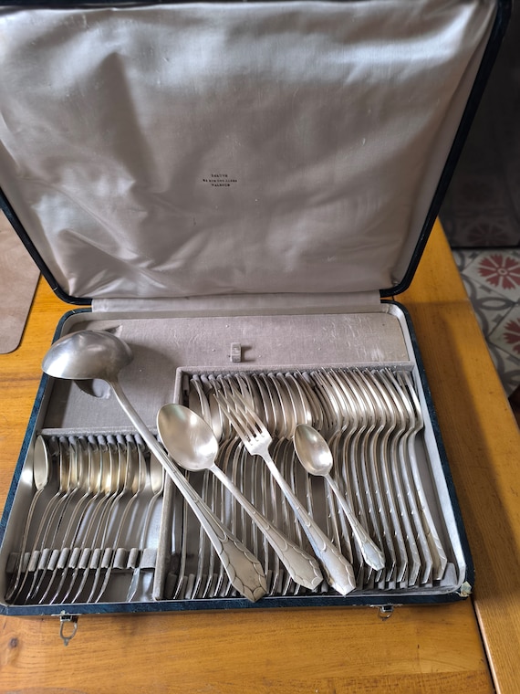 Joseph Buisson and Orbrille cutlery set 37 pieces art deco silver metal in case twelve place settings coffee spoons and ladle
