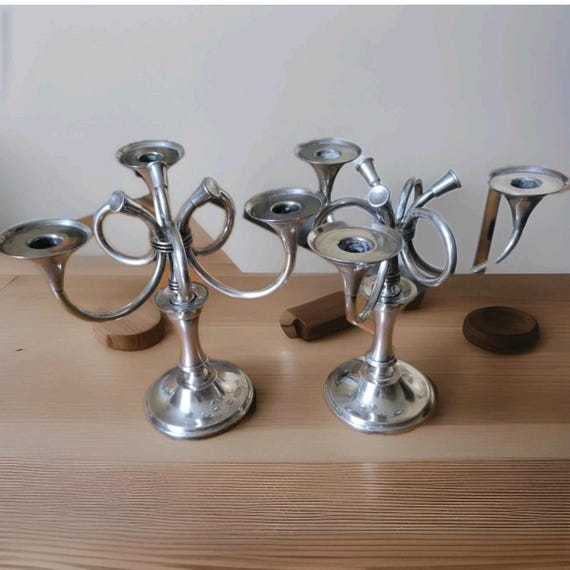 Ercuis pair of candlesticks model Cheverny silver metal hunting horn decoration