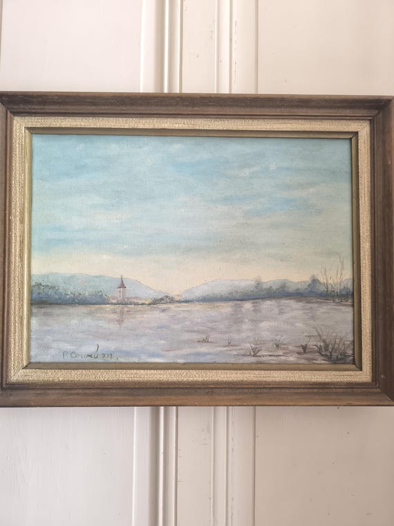 Oil painting on canvas "Village by the Water by P. Courbon" French school