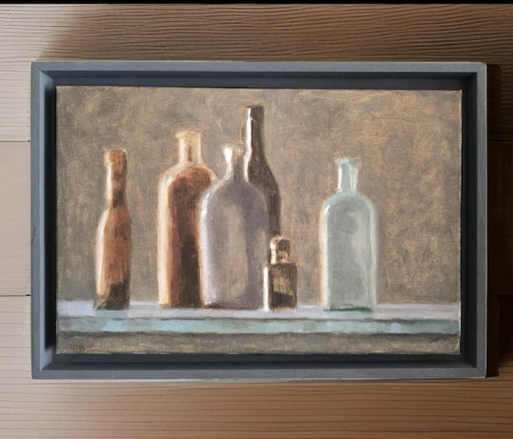 Oil on canvas signed Mireille BESSON (1932- ) "Bottles and inkwell" French school framed