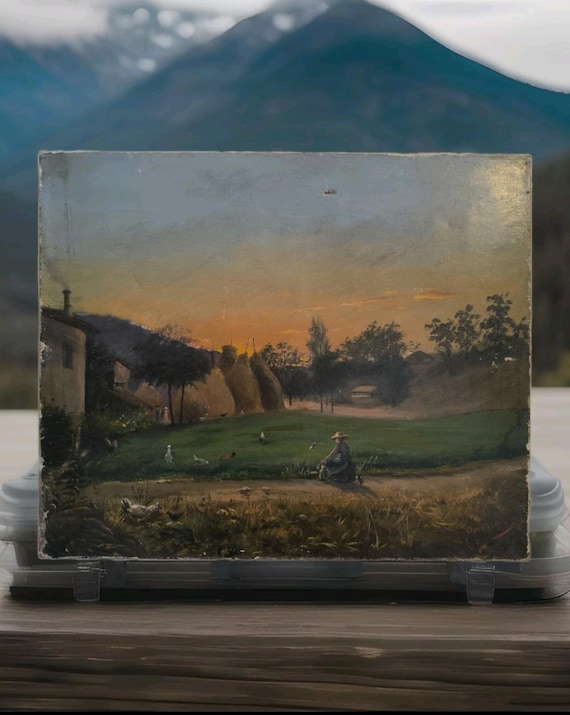 AMOUROUX oil on canvas "Farmer's landscape and her hens" dated 1893 French painting