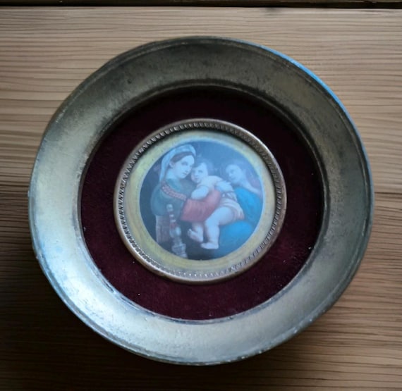 Miniature holy picture "The Virgin of the Chair" after Raphael framed Madonna della sedia