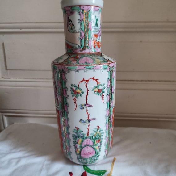 Large Canton porcelain scroll vase decor genre scene flowers birds number 2