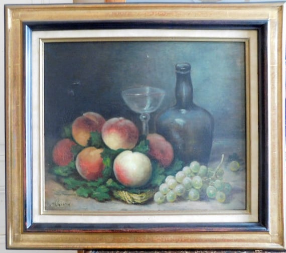 M.THIERY still life with glass bottle peaches and grapes oil on canvas French school