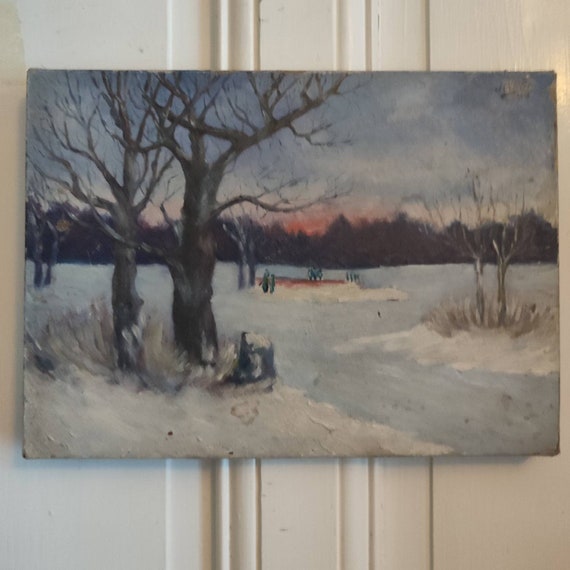 J.CAILLET oil on canvas "Animated snowy winter landscape" dated 1915