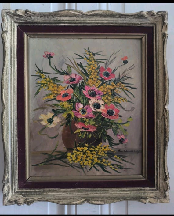 Oil on Isorel still life "Bouquet of anemone and mimosa flowers" signed Louis ANDREY French painting