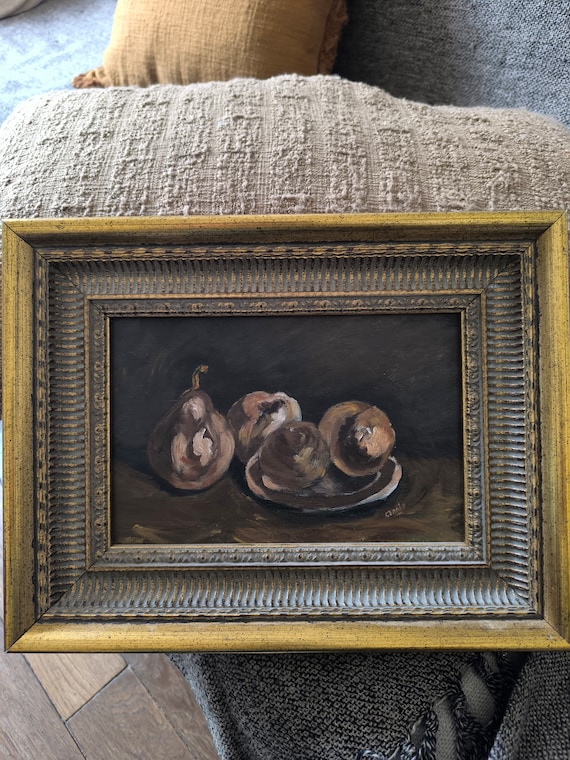 Oil on cardboard "Still life with pear and quince" signed Annie channel frame