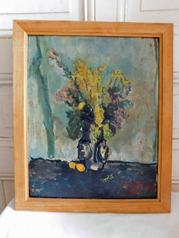 Jean ROGER (1924-2015) still life bouquet flowered in vase oil on cardboard 1944