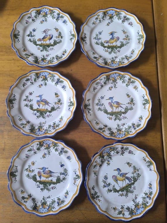 Beautiful set of six small Russian earthenware dessert plates with pretty floral decoration and gilding