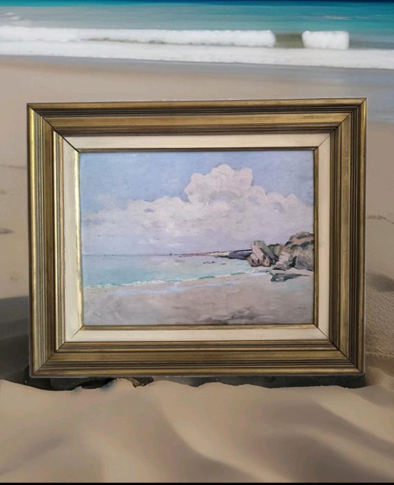 Unsigned oil on wood panel "Seaside landscape" framed marine