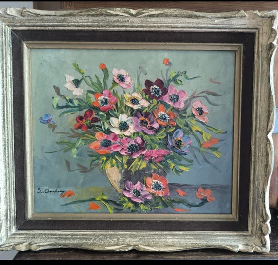 Oil on Isorel still life "Bouquet of anemone flowers" signed Louis ANDREY French painting