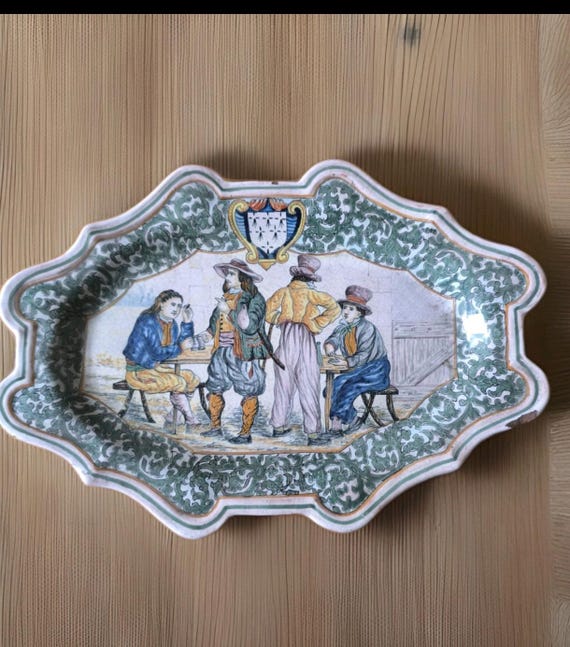 POUPLARD BEATRIX Malicorne earthenware diamond-shaped dish 1898/1918 genre scene in a tavern in the style of Porquier Beau 1898/1918