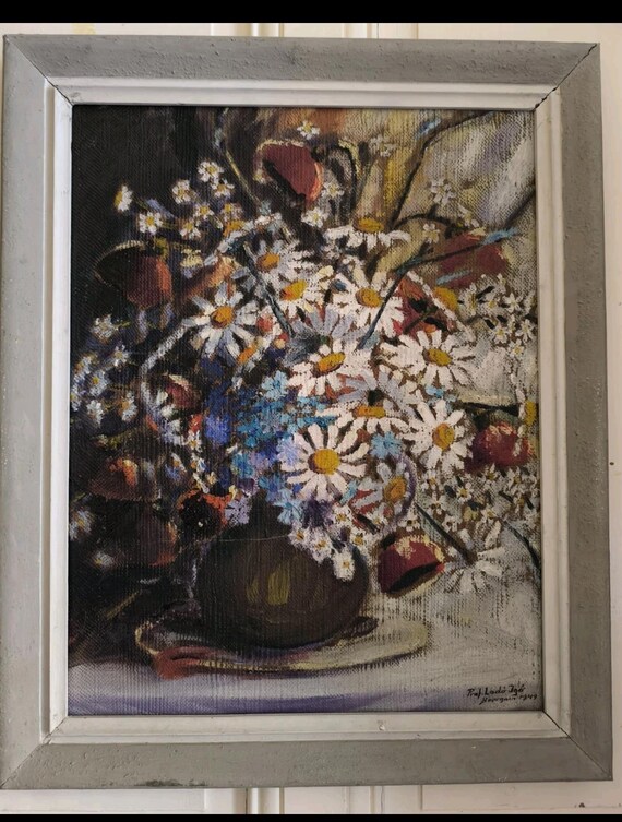 Original oil painting on panel by Prat Dalo Igor Still Life with Bouquet of Flowers, 1940s