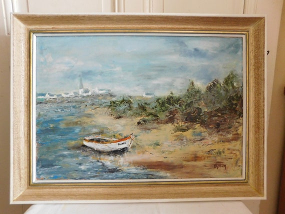 Y ROBIN (XXth) "Barque stranded at low tide" oil on canvas framed French school