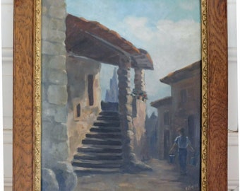 N ROUX (XXth) oil on cardboard "Water carrier in an old village" pretty frame