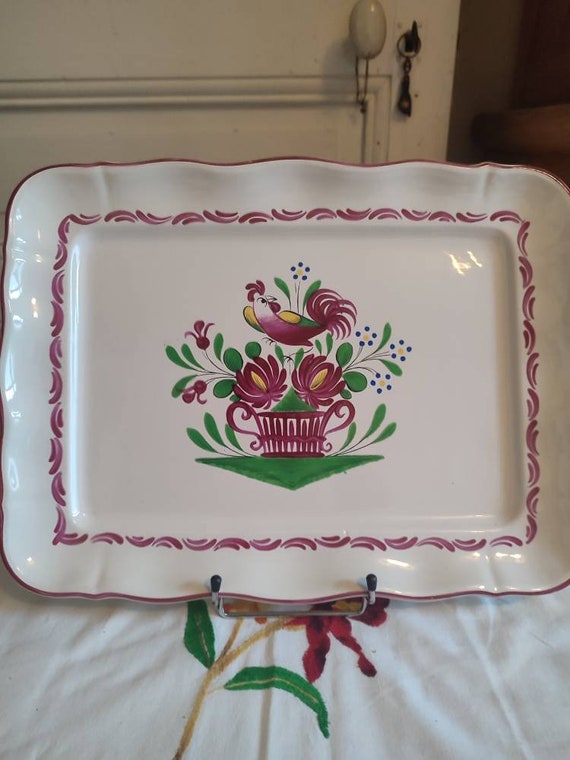 Rectangular earthenware serving dish by St Clément model Chanteclerc decoration with rooster and flowered basket