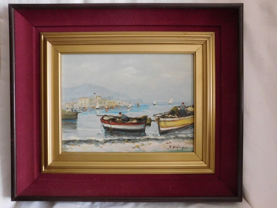 Antonio MIGLIARDI (1913-1985) marine "Barques pêcheurs village" oil on panel Italian school
