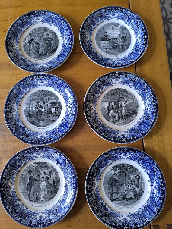 Six opaque talking plates from Sarreguemines, humorous series 1875/1900