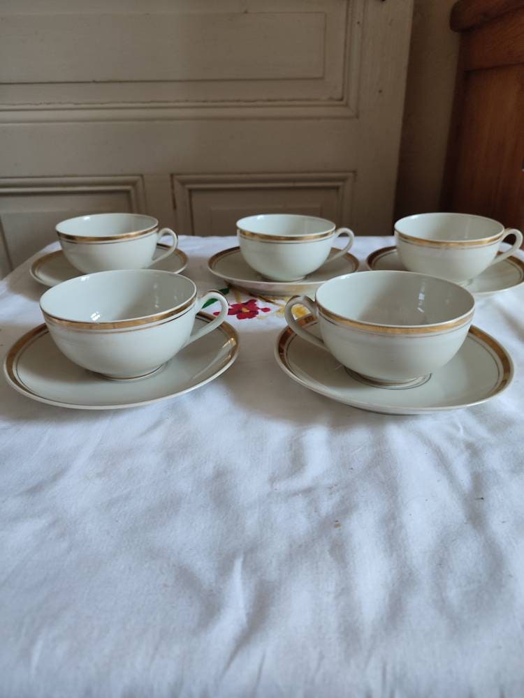 Théodore Haviland Suite de Cinq Tasses et Sous-Tasse à Thé Porcelaine Limoges