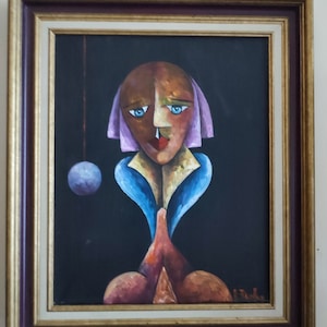 Alain RIGOLLIER (1955- ) oil on canvas "Portrait of a woman with blue eyes" cubist inspiration French school