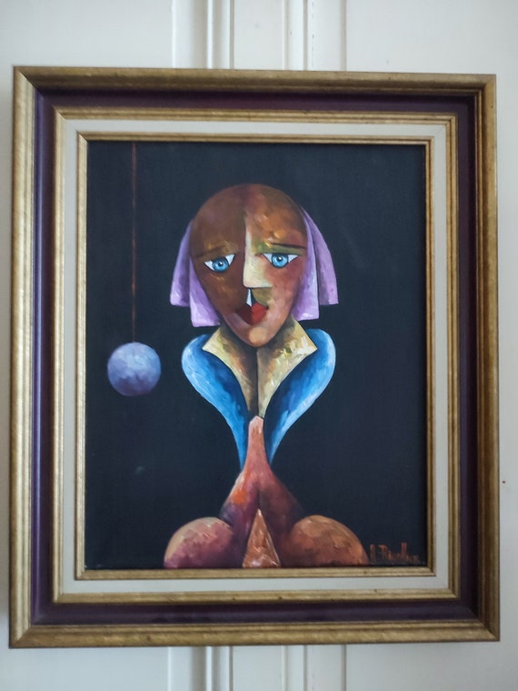 Alain RIGOLLIER (1955- ) oil on canvas "Portrait of a woman with blue eyes" cubist inspiration French school