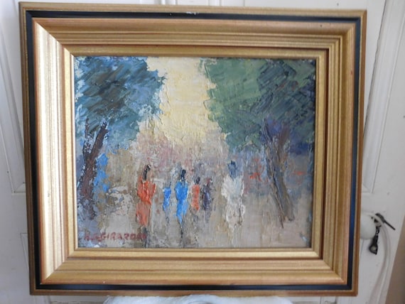 Henri Gilles de GIRARDIN (1923-?) "Portugal Market" silhouettes in the wooded alleys oil on canvas Lyonnaise school 20th century