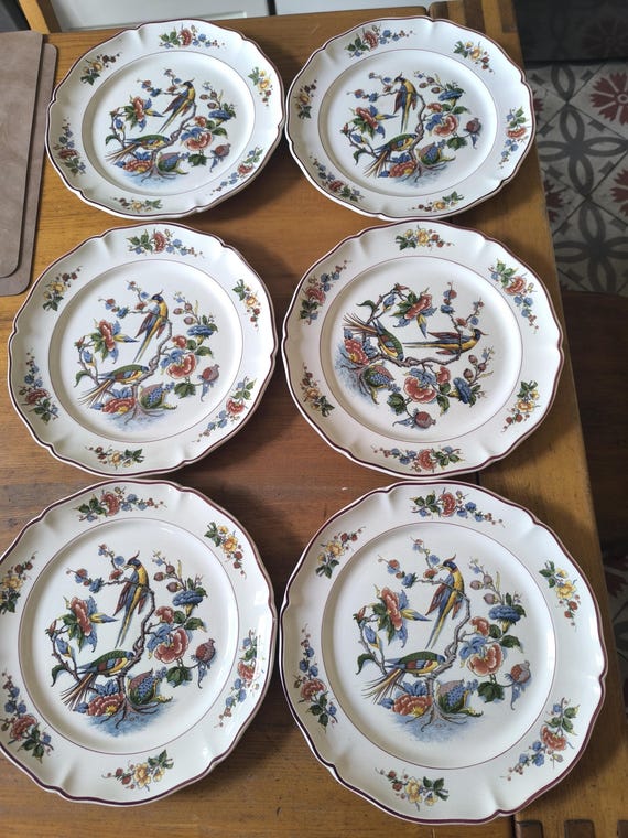 A lovely set of six Villeroy & Boch Phoenix earthenware dinner plates - Exotic Birds & Flowers pattern