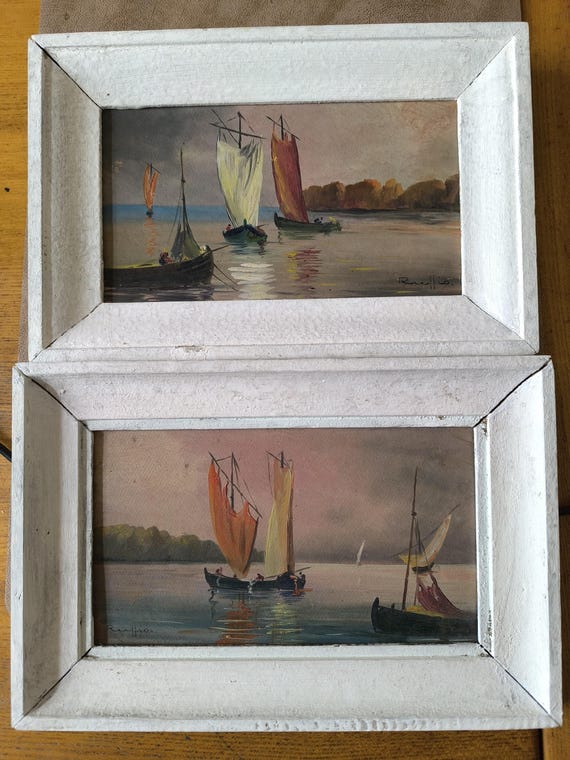 Achille RUFFIO (20th) two oils on cardboard forming a pair "Animated Marines" French school