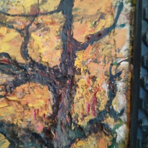 May include: Abstract painting with thick brushstrokes in shades of yellow, orange, red, and black. The painting depicts a tree with branches and a textured background.