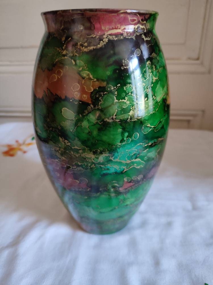 Ancien Vase Laque Line Verre Églomisé Vintage Années 80 Français