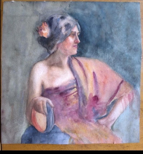 Unsigned framed watercolor under glass circa 1900 "Portrait of a Lady in Formal Clothes" French painting