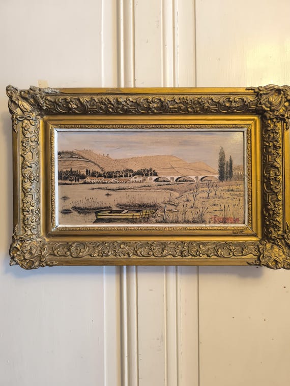 P. KNEPPERT (20th century) mixed media on cardboard "Landscape of vineyard bridge village" gilded stuccoed wooden frame French school