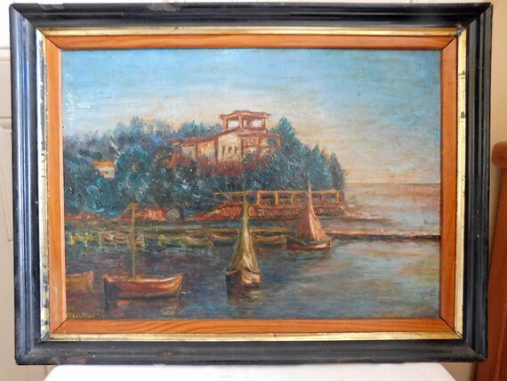 BERTHOD XXth " Boats at anchor " marine oil on panel