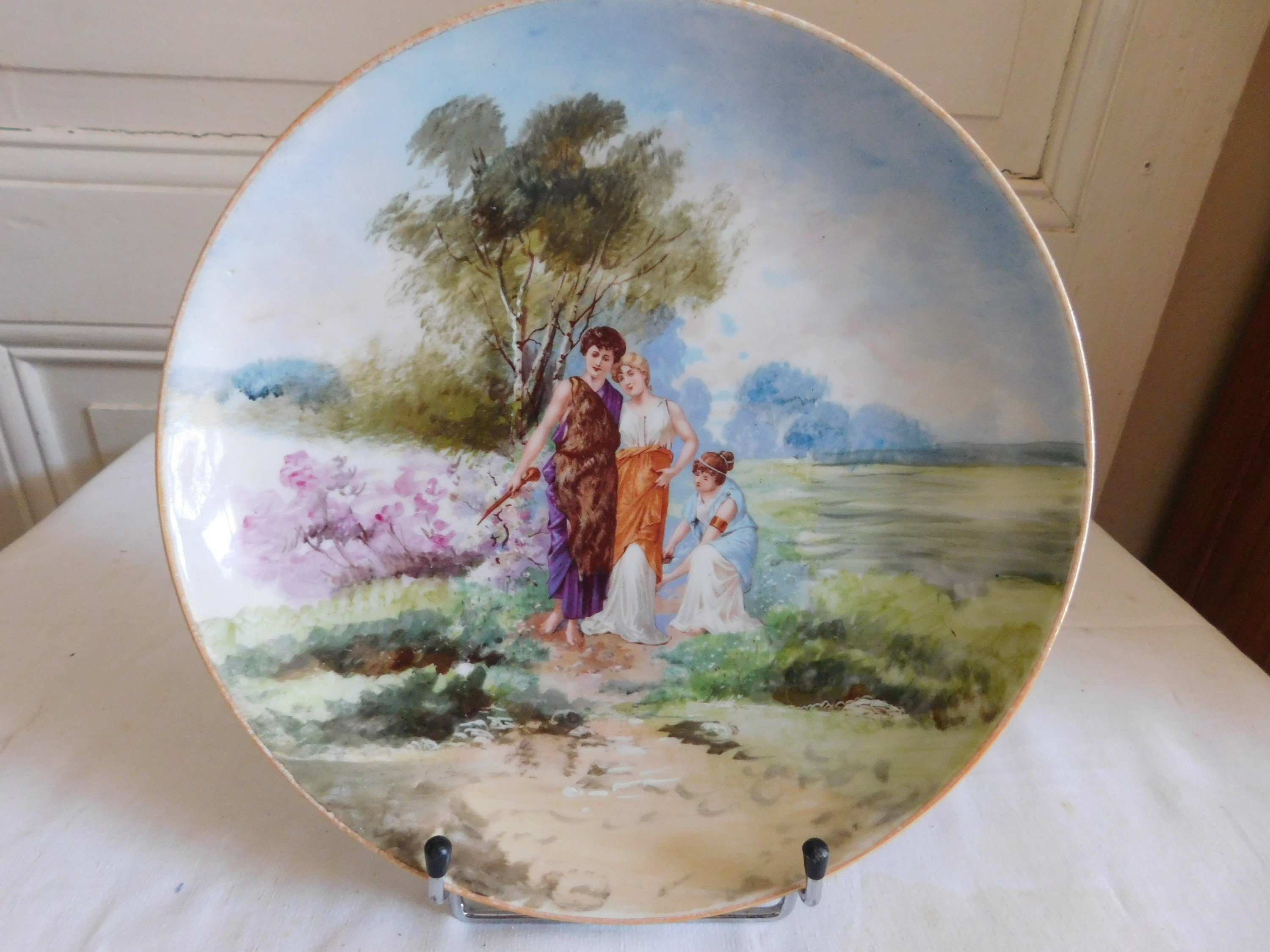 Ancienne Assiette Décor Peint Scène à L'antique G. Thamin Peintre Céramiste Faïence Française