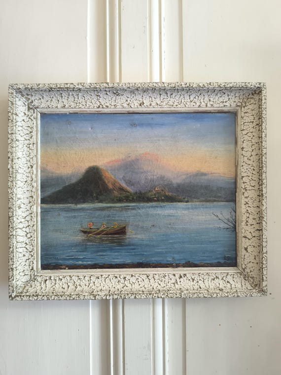 Magnificent Oil on Canvas "Lakeside Scene with Boat and Mountains" by Emmanuel Guyot - Collector's Item
