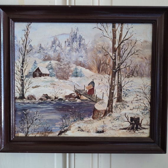 L. MOUGENOT oil on canvas "Winter landscape with river hut and farmer's wife" framed French school