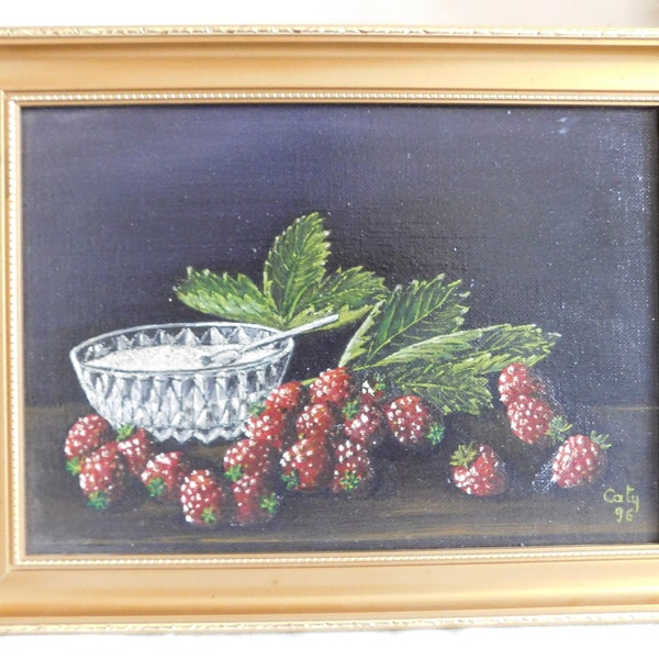 Anne Marie CATY( 1938- ) nature morte "Framboises gourmandes" petite huile sur toile datée 96 beau cadre doré école française