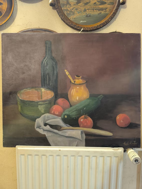Oil painting on canvas, still life with vegetables and pot, signed Nicole Lambert, French school