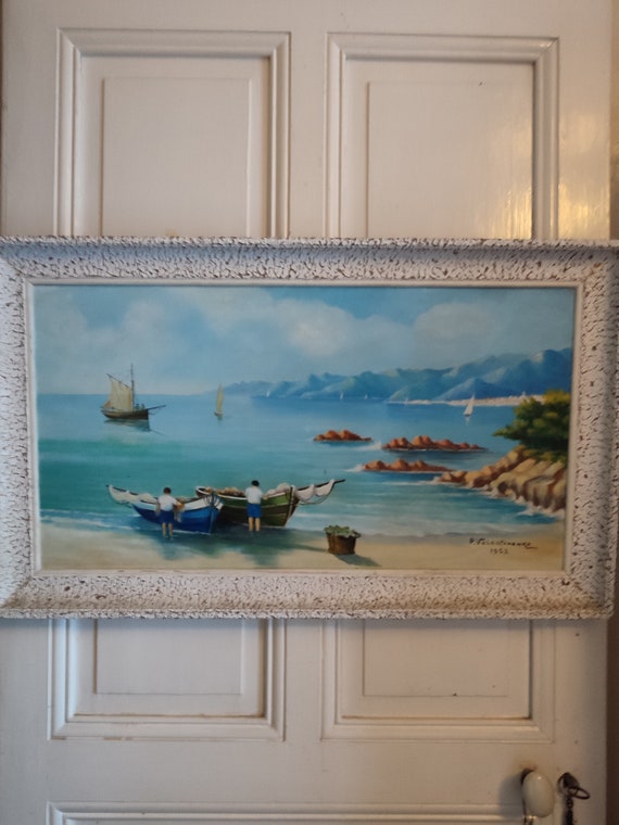 P. VOLODTCHENKO oil on large format marine hardboard titled "Cannes viewed from the Esterel Fishermen" dated 1952 French school