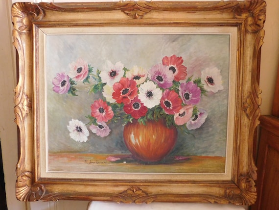 Jean LAVERDURE (XXè)" Still life with anemones" oil on cardboard superb frame carved wood and gilded French school