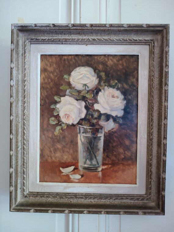 Oil on isorel "Still life with a bouquet of roses in a vase" anonymous Montparnasse frame