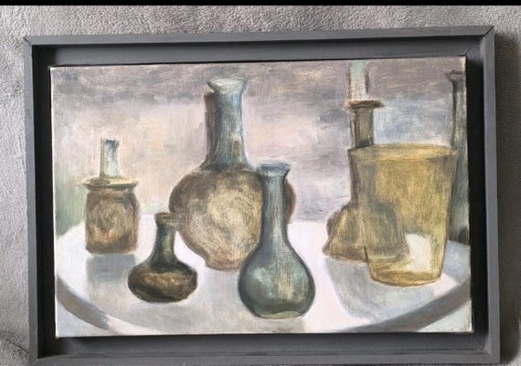 Oil on canvas signed Mireille BESSON (1932- ) "9 Roman objects glass display case" French school framed