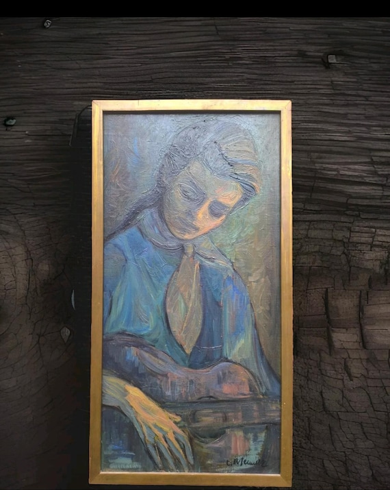 Eliane MEUNIER (20th century) oil on canvas portrait "Young woman playing the guitar" French school 1950s