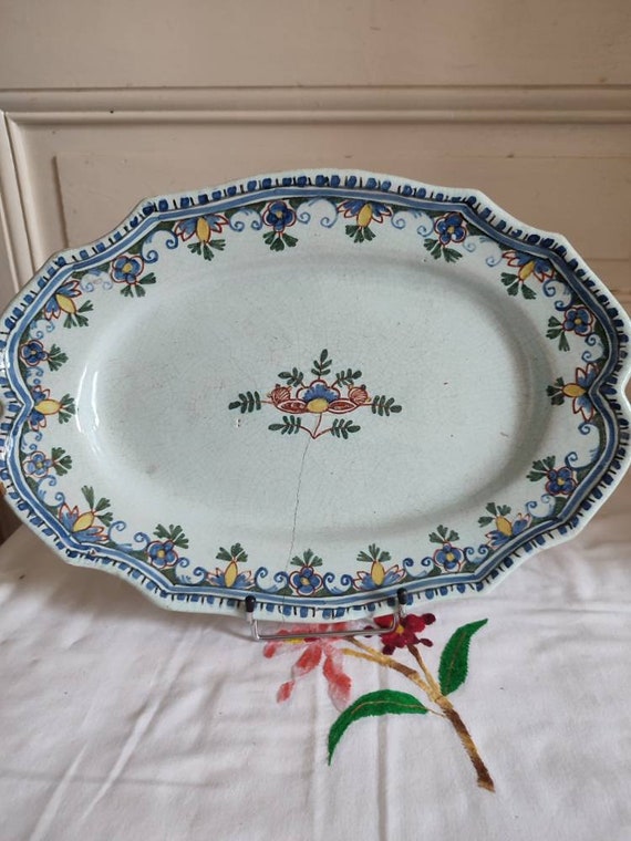 Oval earthenware dish old Rouen or St Forge les Eaux painted decoration flower stems 19th century?