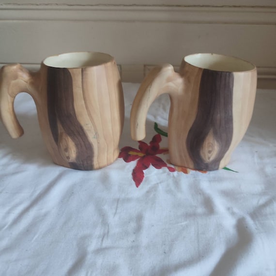 Grandjean Jourdan Vallauris set of two vintage faux wood ceramic mugs